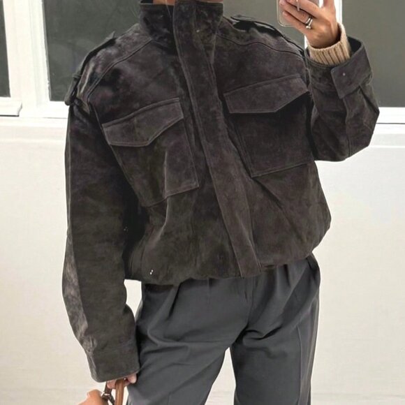 Dark Grey Casual Streetwear Women's Suede Bomber Jacket - Picture 2 of 6